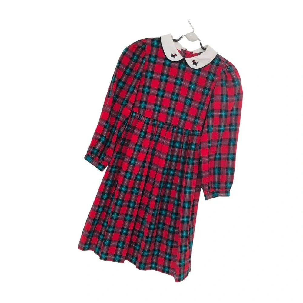 90s Vintage Gymboree Scottie Dog Plaid Holiday Dress Peter Pan Girls XL 5/6